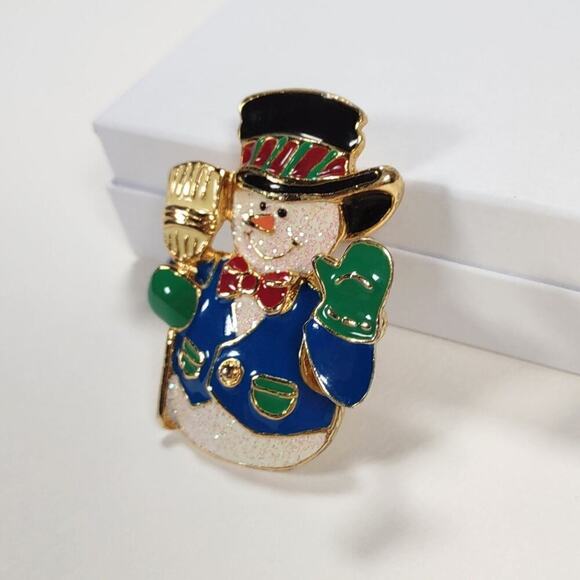 Vintage 90's Enamel SFJ Signed Waving Snowman Brooch - Picture 2 of 11